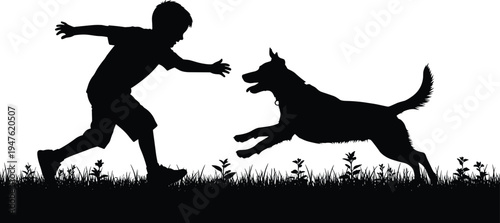 Black silhouette of boy playing with dog on grass white background