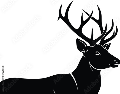 Black silhouette of deer with large antlers on white background