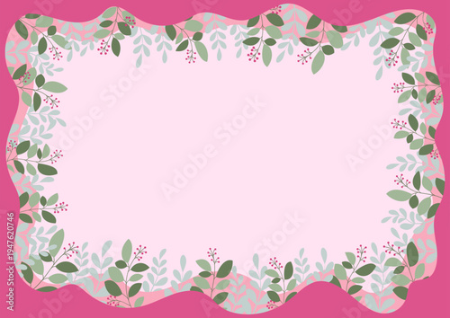 Green Leaf Pattern Ornament On Pink Background With Layered Frame