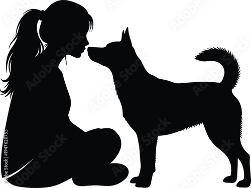 Black silhouette of girl kissing dog woman