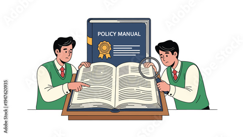 Team analyzing policy manual with magnifying glass. Business compliance, rules, regulations, and corporate governance study.