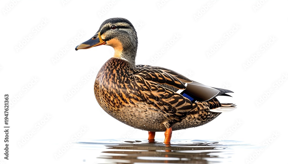 Obraz premium A close-up portrait of a female duck in water, showcasing its plumage and natural habitat against a white backdrop