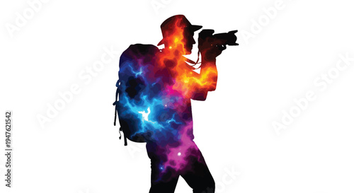 Vector graphic illustration silhouette of a wide brim hat traveler holding a professional camera and backpack