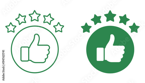 Five Star Rating Feedback Vector Illustration, Featuring Thumb Up and Five Star Symbols Perfect for Customer Reviews, Ratings, Mobile Apps, and Digital Design Projects.