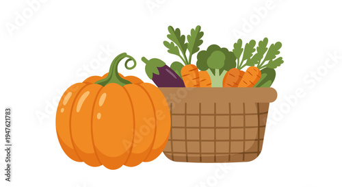 Fresh Harvest of Vegetables and Pumpkin Illustration