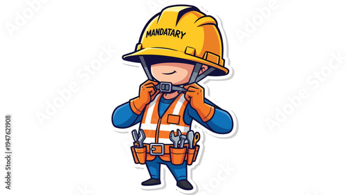 Cartoon construction worker adjusting mandatory hard hat and safety vest. Workplace safety illustration.