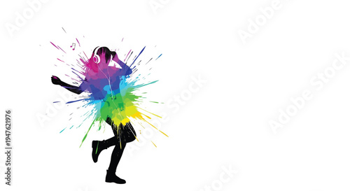 Vibrant vector graphic illustration of a person joyfully dancing with headphones amidst colorful paint splatters.