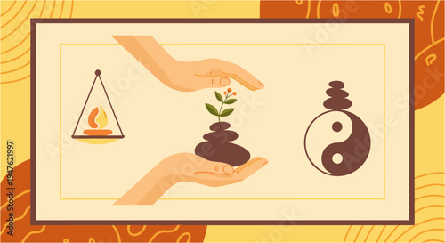 A serene illustration showcasing holistic wellness elements, including a lit candle, hands nurturing a plant, and the symbolic yin-yang, representing balance and spiritual harmony.