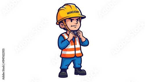 Professional cartoon construction worker in safety gear adjusting hard hat, ready for job site