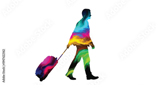 Silhouette of a traveler with rolling luggage filled with vibrant swirling colorful abstract fluid patterns vector illustration