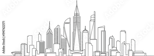 Outline Drawing of a Modern City Skyline with Diverse Skyscrapers illustration