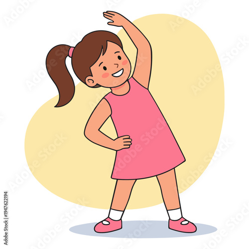 A young girl stretches her arm up while smiling in a pink dress outdoors.