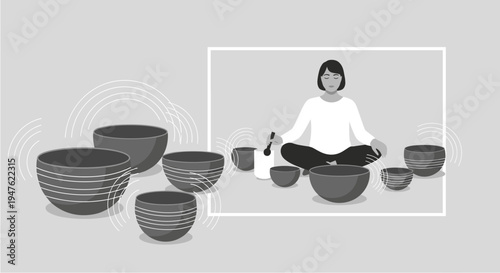 A serene woman sits in a meditative pose surrounded by various singing bowls, creating a peaceful atmosphere for relaxation and sound therapy.