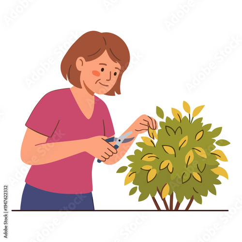 A woman is gardening outside with shears cutting leaves on a plant.
