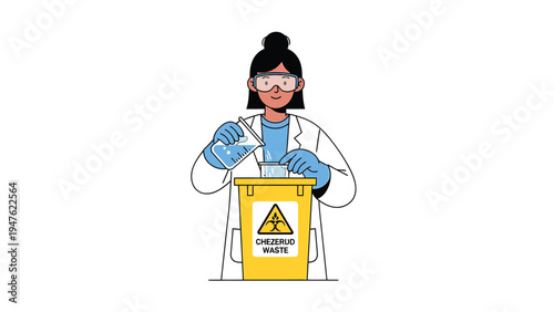 Scientist safely disposing hazardous chemical waste in a lab bin. Lab safety and environmental protection concept.