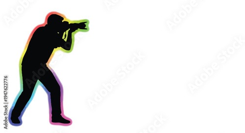 Dynamic vector graphic illustration of a photographer silhouette with colorful glowing outline capturing a moment