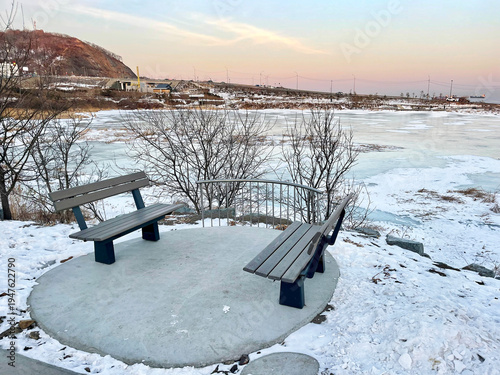 Park area around Lake Torfyanka in Patroklos Bay in Vladivostok on a winter evening