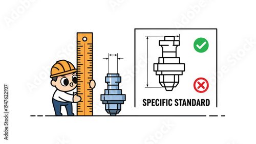 Quality Control Engineer Measuring Part with Ruler and Technical Diagram for Specific Standard Adherence