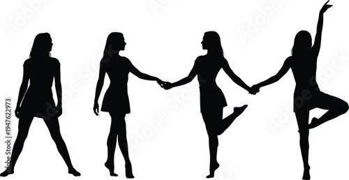Four women in black silhouette poses silhouettes white background dancing