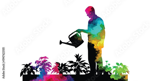 Watercolor silhouette of a gardener watering colorful plants with a black watering can illustration