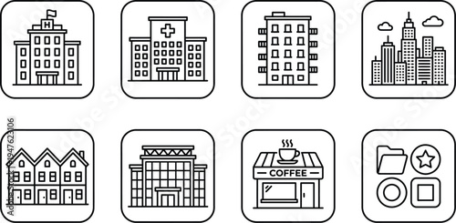 Square frame architecture icons pack featuring hotel medical center residential buildings and shopping mall