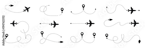 Flight Plane Map Vector, Featuring Airplane with Arrow, Airline Route, Map Pins, and Dotted Line Tracing Travel Path Perfect for Travel, Logistics, and Navigation Design Projects.