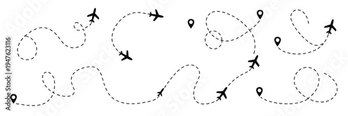 Flight Route Icon Set, Vector Illustration of Airplane Path with Line Trace, Start and Destination Map Pins Ideal for Travel Apps, Airline Maps, and Navigation Graphics.