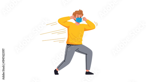 Man quickly putting on blue face mask, illustrating urgency and health protection