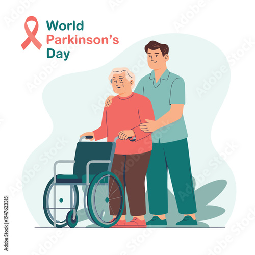A young man supports an older man in a wheelchair for world parkinson s day