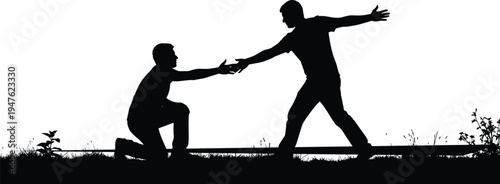 Silhouette of man helping another man up from one knee hand kneeling