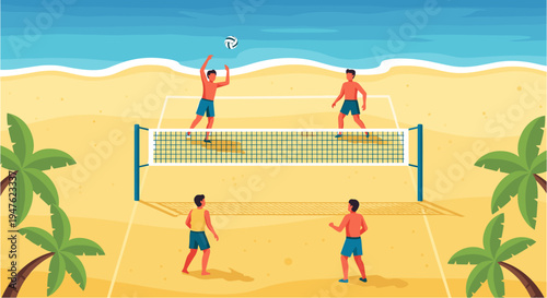 Four men enjoying a vibrant game of beach volleyball on a sunny tropical shore with palm trees and ocean waves.