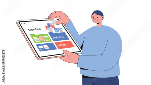 Digital Client Data Management on Tablet. Man Organizing Files & Projects with Stylus. Business Workflow Illustration.