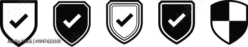 Five shield icons with checkmarks and a checkered shield