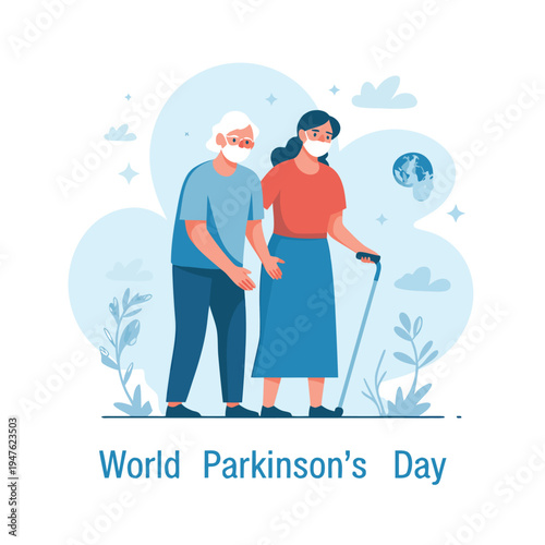 An elderly man and a younger woman wearing masks support each other symbolizing parkinson s awareness