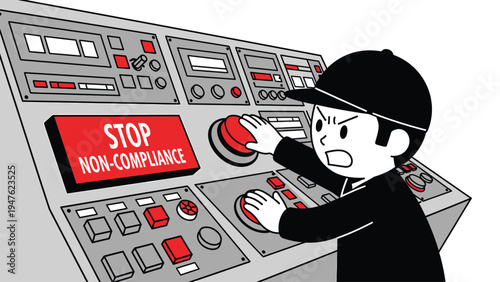 Compliance officer cartoon pressing 'Stop Non-Compliance' button, illustrating regulatory action and risk management