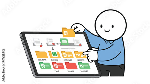 Digital file management concept: Cartoon character organizing folders on a tablet screen
