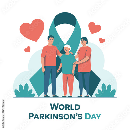 A family embraces with a teal ribbon symbolizing support for world parkinson s day