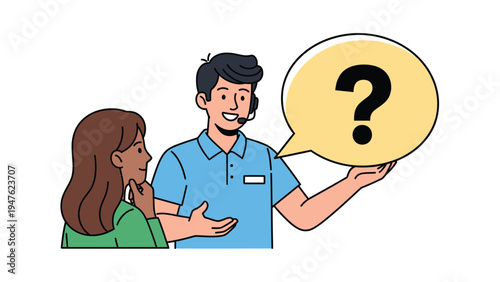 Customer support agent with headset showing question mark to client. Helpdesk, FAQ, and assistance concept illustration.