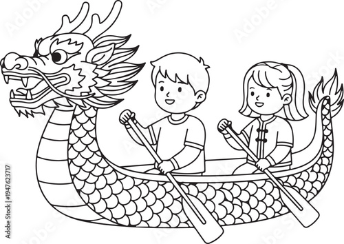 Line art vector children paddling dragon boat