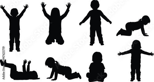 Set of black silhouettes of children in various playful poses and actions kids playing