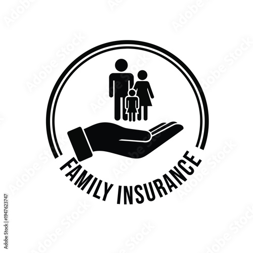 A black and white graphic depicts a hand cradling silhouetted figures of a family within a circular frame with text below high quality professional