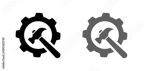 Gear with a hammer inside, symbolizing industry, maintenance, construction, and repair. Isolated on white.