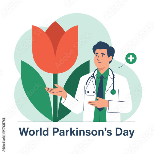 An illustration depicts a doctor gesturing towards a large red tulip symbolizing world parkinson s day