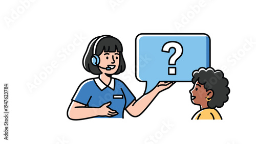 Customer service agent with headset holding question mark speech bubble, assisting client. Help desk and support concept.