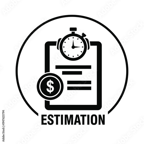 A black and white graphic depicts a stopwatch resting atop a clipboard with a dollar sign symbolizing time and cost estimation high quality professional