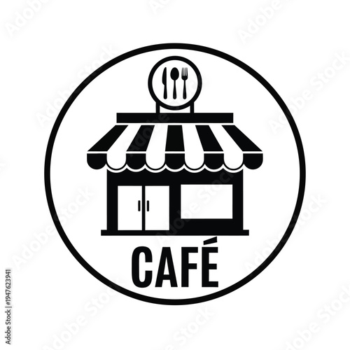 A black and white circular logo depicts a cafe storefront with cutlery symbols above and the word caf below high quality professional detailed modern