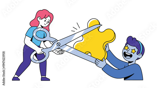 Problem-solving concept: Characters cutting a puzzle piece with giant scissors to find a solution