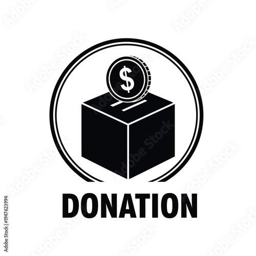A black and white illustration depicts a donation box with a dollar coin entering symbolizing charitable giving and support high quality professional detailed modern elegant stylish