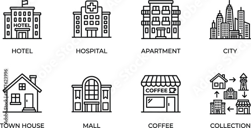 Simple outline city building icons with text labels for hotel hospital apartment mall and townhouse