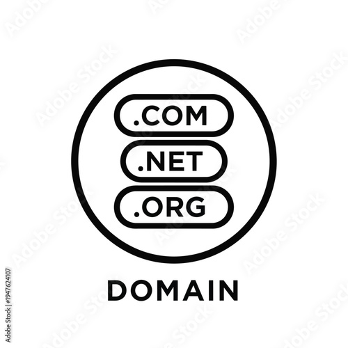 A simple black and white graphic depicts three common top level domains com net org stacked inside a larger circle with the word